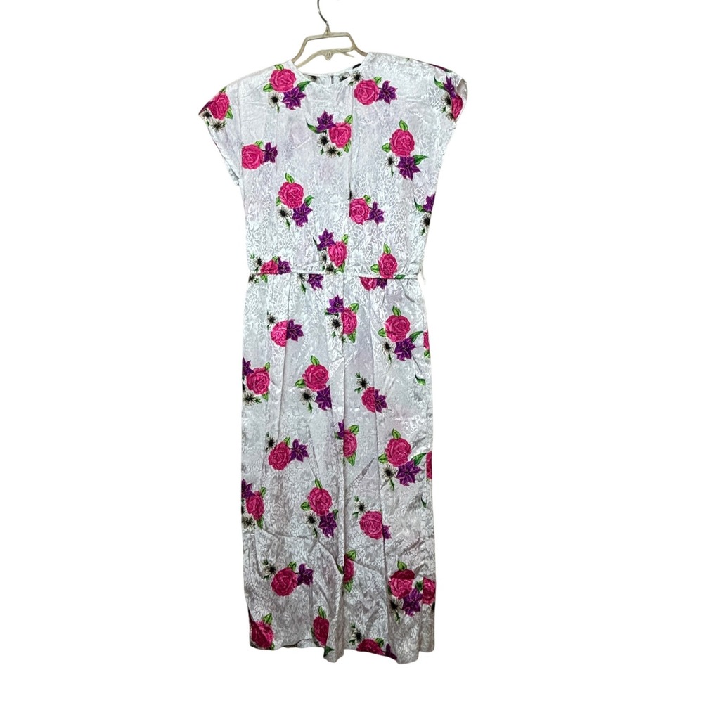 Floral Midi Dress Womens 11/12 White Pink Rose Jacquard‎ Vintage 80s Cottagecore